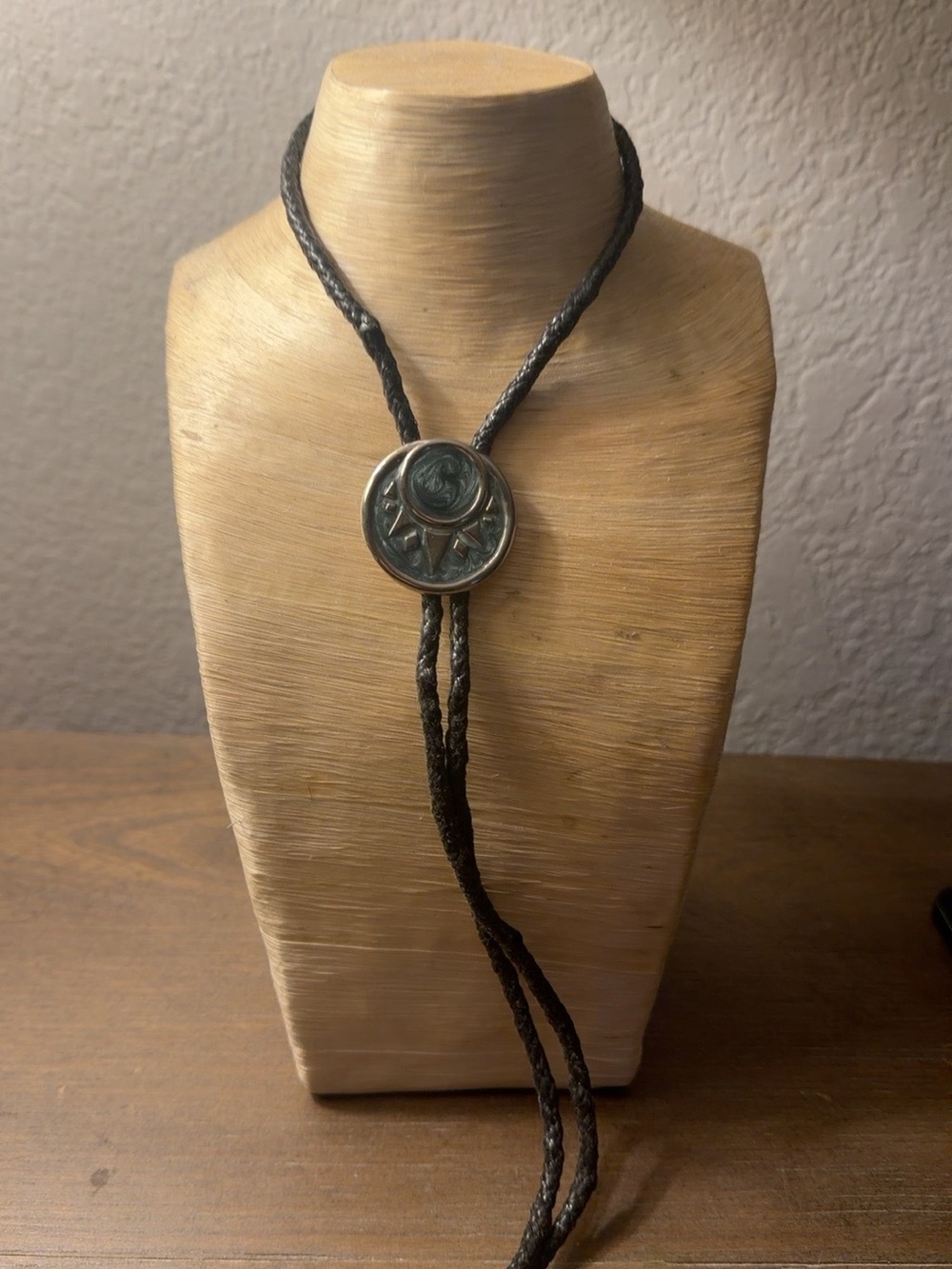Leather Bolo Tie with Silver-Tone Sun Medallion - Black